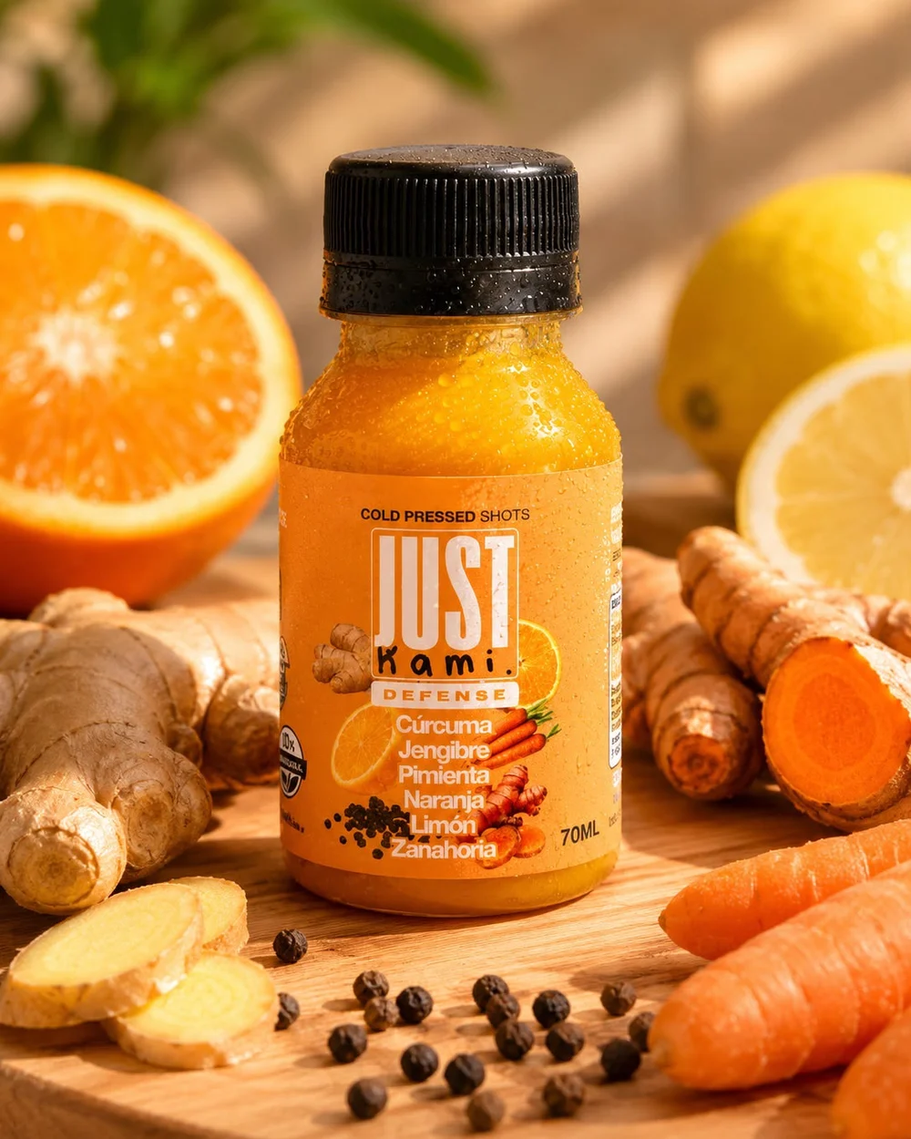 Shot Defense naranjo con cúrcuma, jengibre, naranja y zanahoria