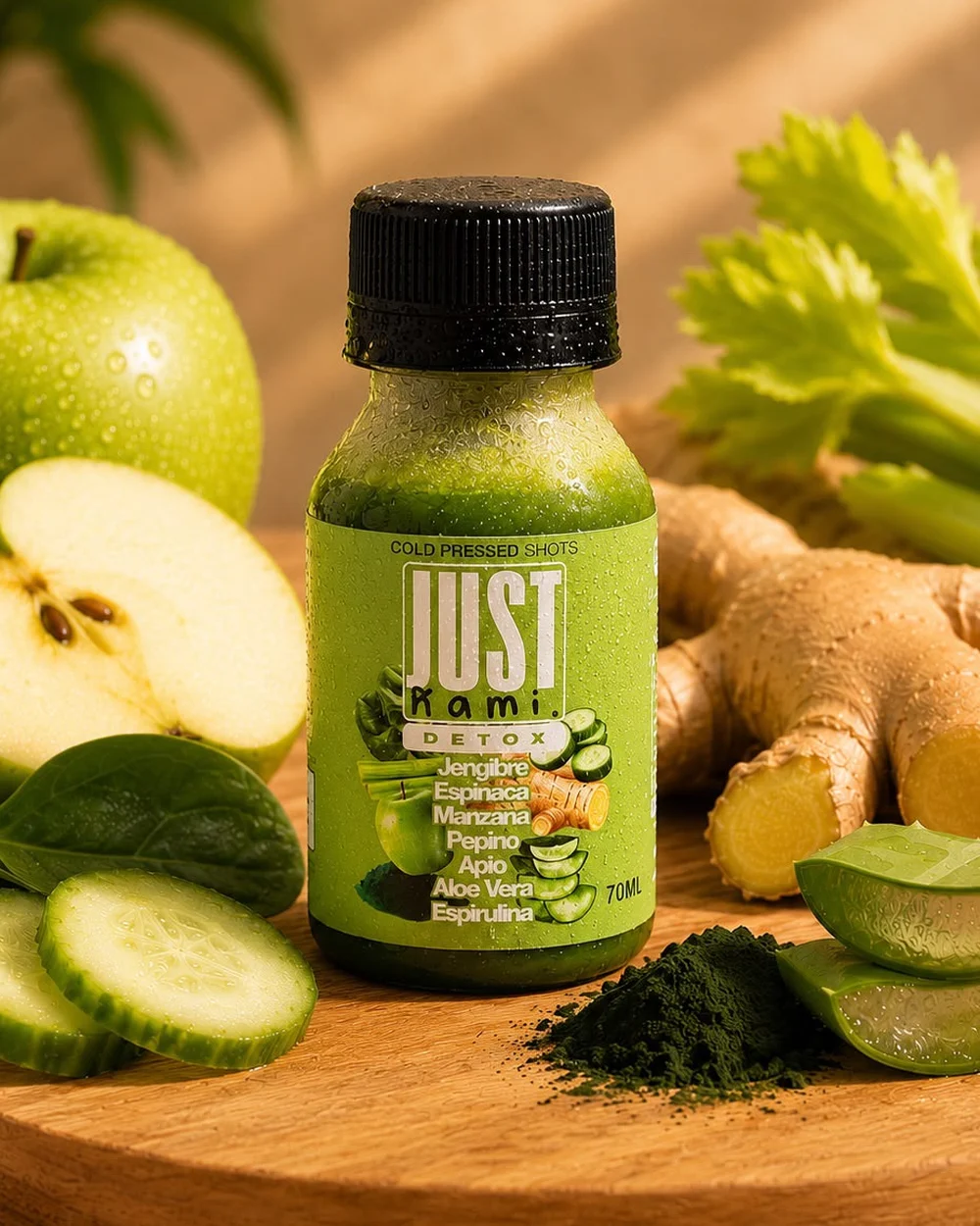 Shot Detox verde con manzana, pepino, jengibre y apio
