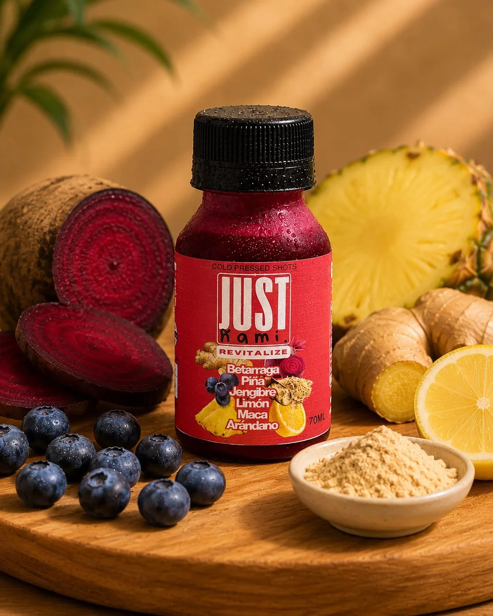 Shot Revitalize de Just Ñami rodeado de betarraga, piña, jengibre y arándanos